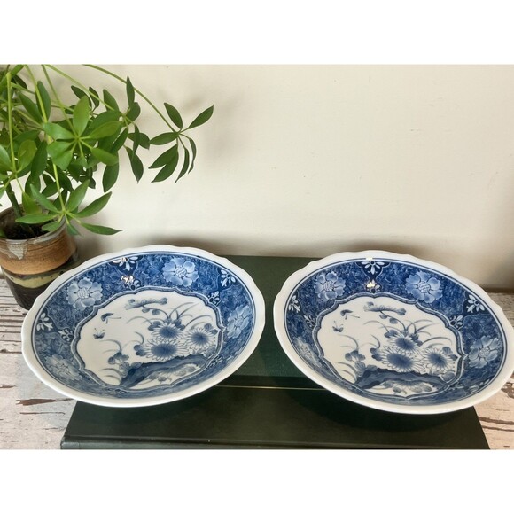 Vintage Japanese Set Of 2 Rice Soup Bowl Blue/White Flowers Design Home Decor - Picture 4 of 10